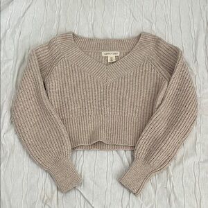 Tan V-Neck Sweater by Happily Grey
